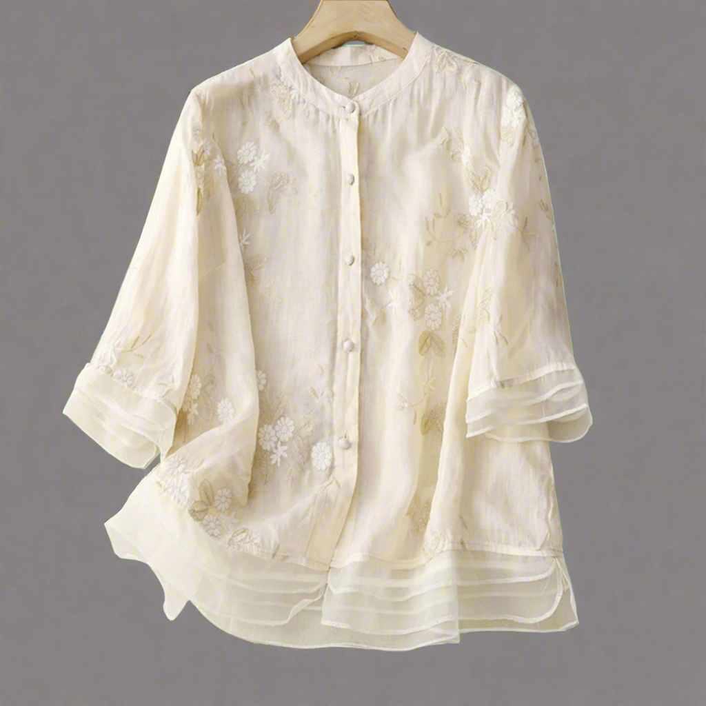 Roswitha | Top de algodón con borde floral de material de alta calidad para la primavera