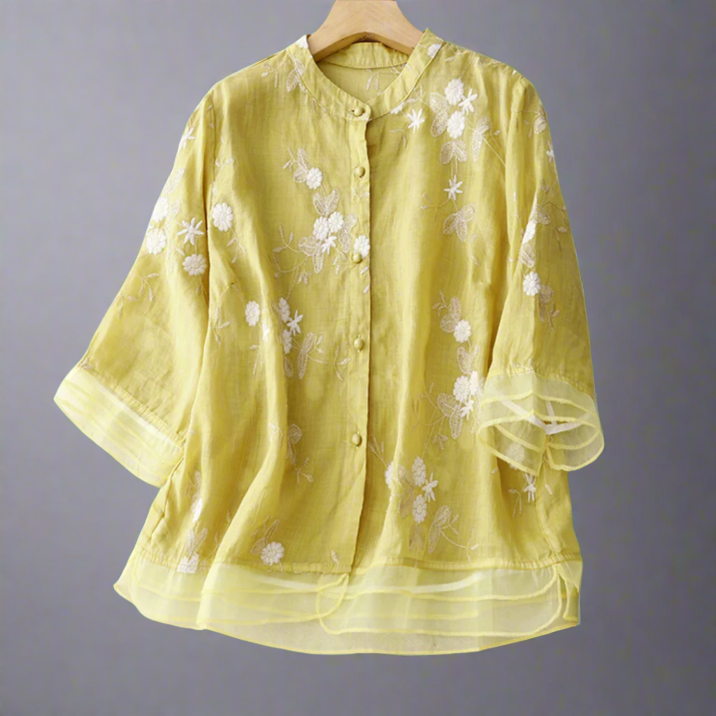 Roswitha | Top de algodón con borde floral de material de alta calidad para la primavera