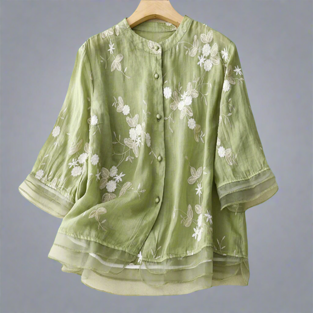 Roswitha | Top de algodón con borde floral de material de alta calidad para la primavera